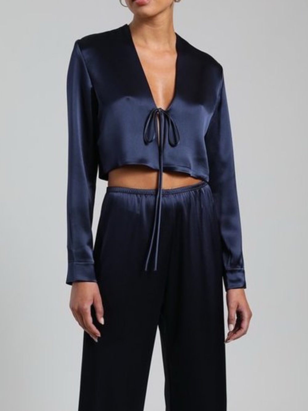 LESET Deep Navy Satin Cropped Bolero with Tie Front